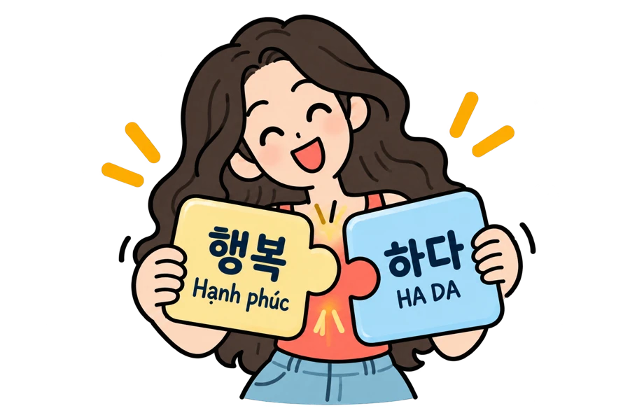 Nhân vật Lingualloops ghép hai mảnh: 행복 — Hạnh phúc và 하다 — HA ĐA